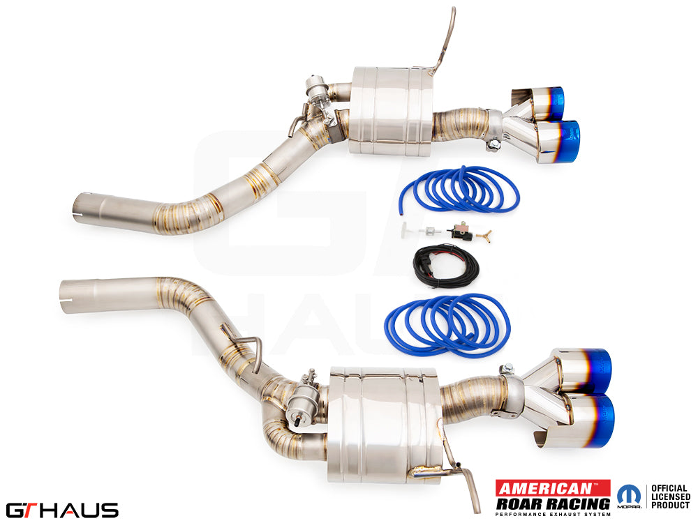 Premium performance exhaust system for 2012+ Jeep Grand Cherokee SRT8 with 6.4 HEMI V8, featuring stainless steel construction.