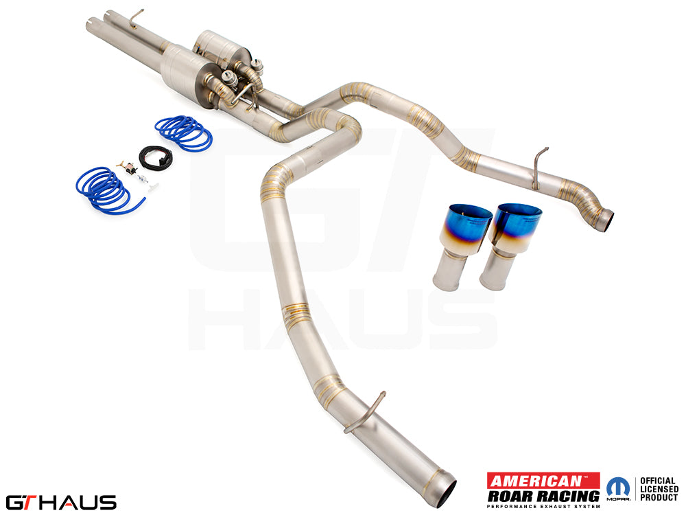 Premium performance exhaust system for RAM RHO (V6T) 2025+, featuring stainless steel construction and blue-tipped tips.