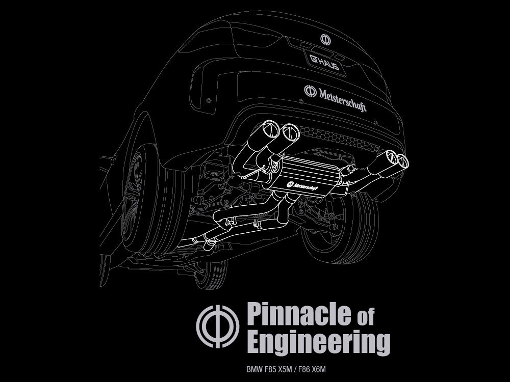 MEISTERSCHAFT T-shirt featuring a graphic of the BMW F85 X5M and F86 X6M exhaust system with the text "Pinnacle of Engineering.