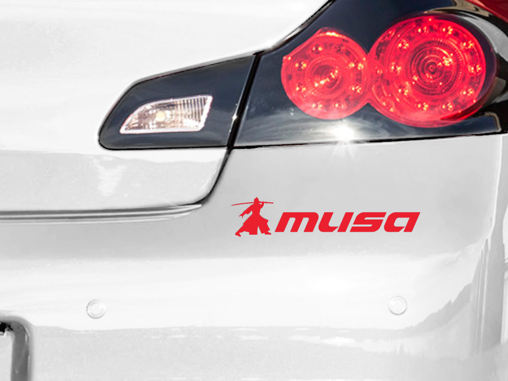 MUSA decal with transparent background, featuring bold red lettering and a graphic, ideal for automotive customization.