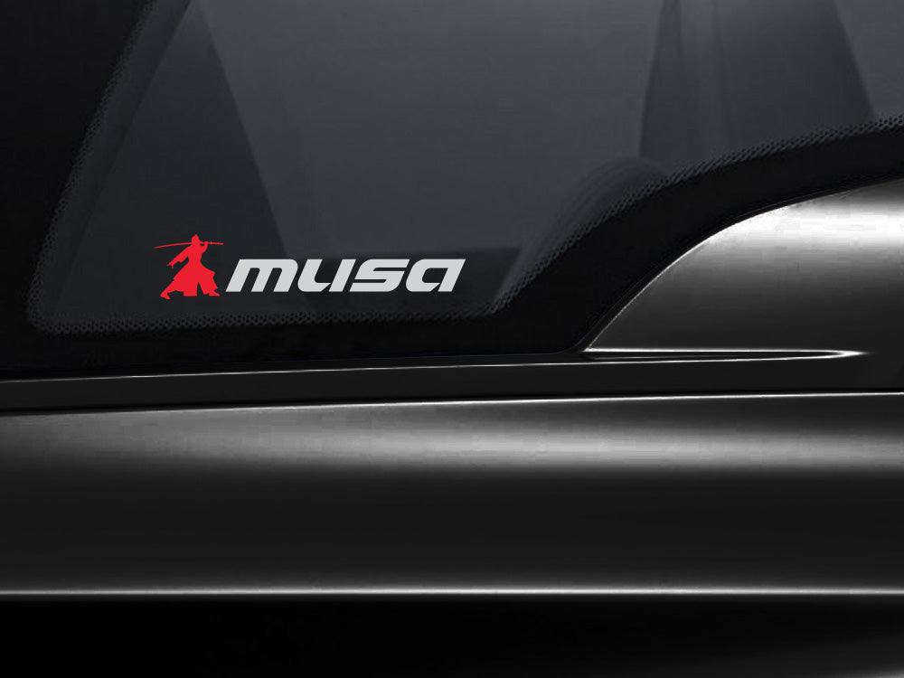 MUSA decal with transparent background, featuring bold red lettering on a vehicle window. Two pieces included.