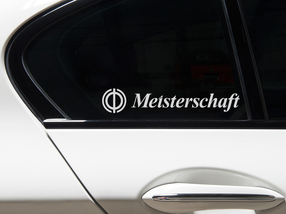 Meisterschaft Icon Decal set with transparent background, showcasing the brand name on a car window.