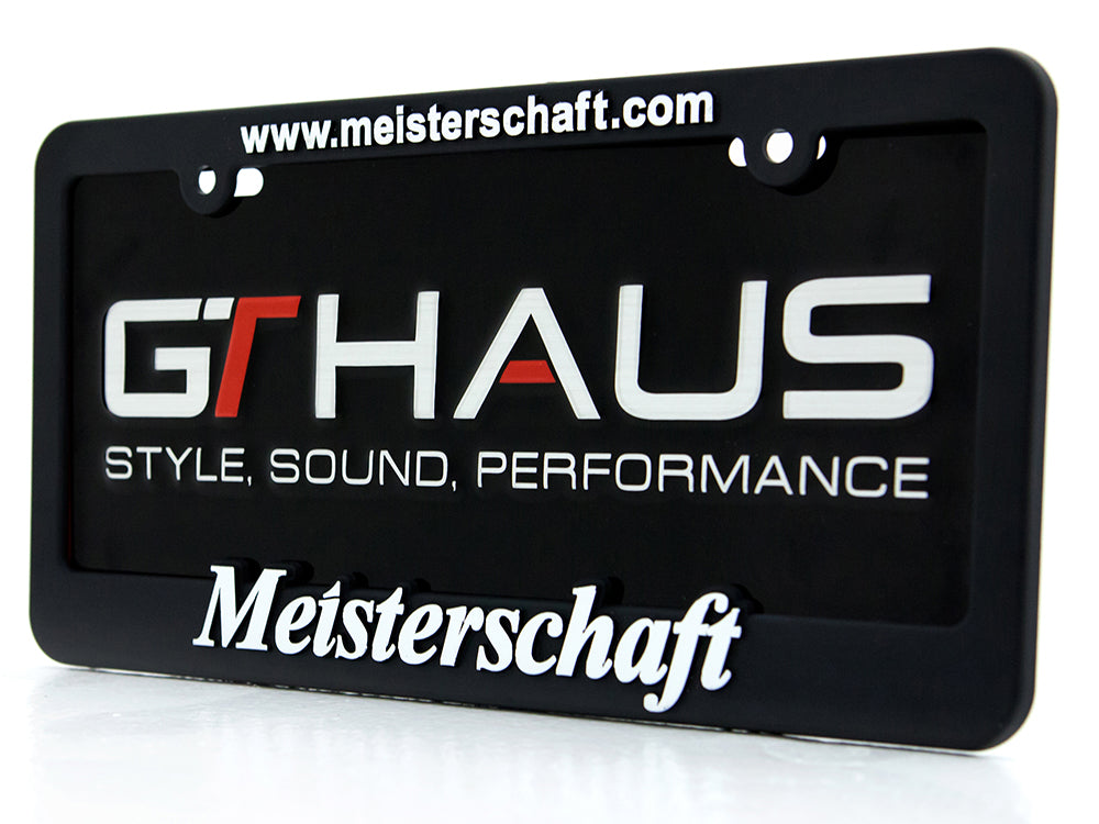 Meisterschaft license frame featuring GTHAUS branding, emphasizing style, sound, and performance.