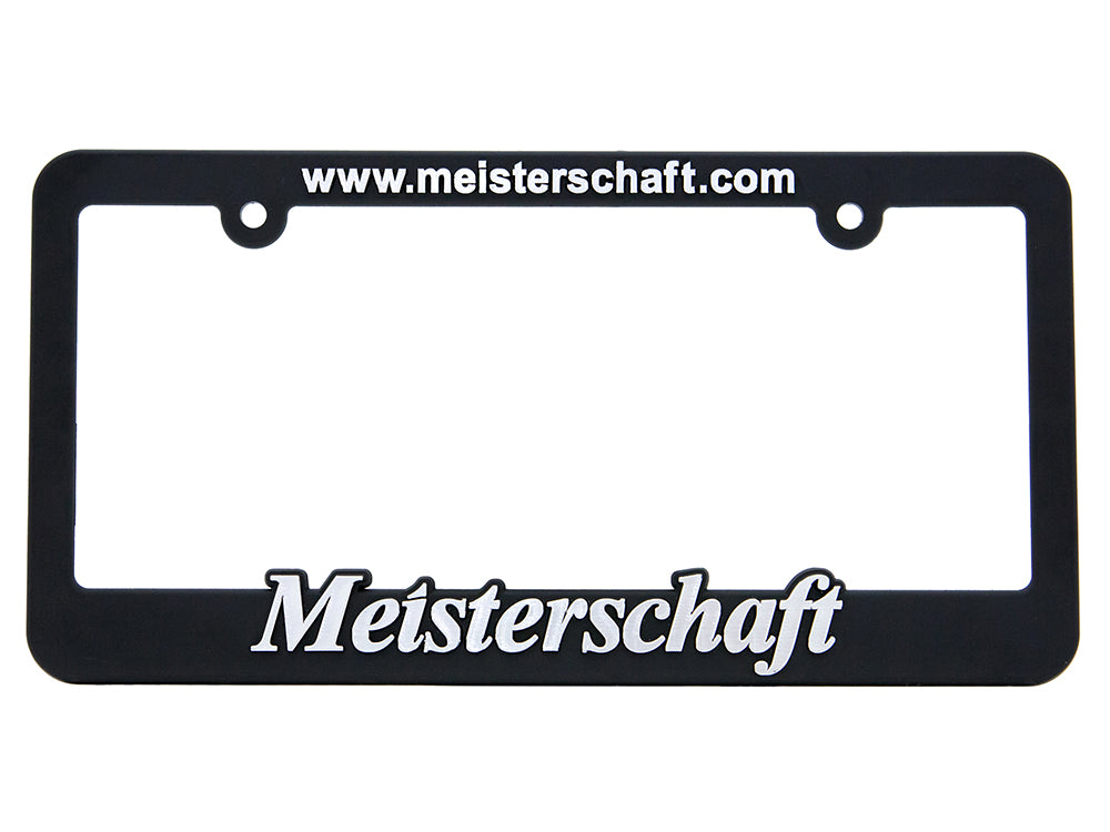Meisterschaft license frame featuring a sleek black design with white branding and website URL.