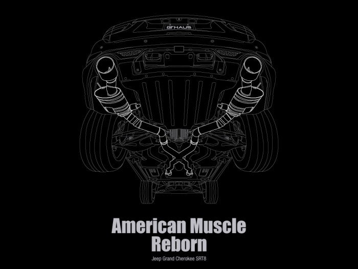 Graphic of a Jeep Grand Cherokee SRT8 exhaust system with the text "American Muscle Reborn" on a black T-shirt.