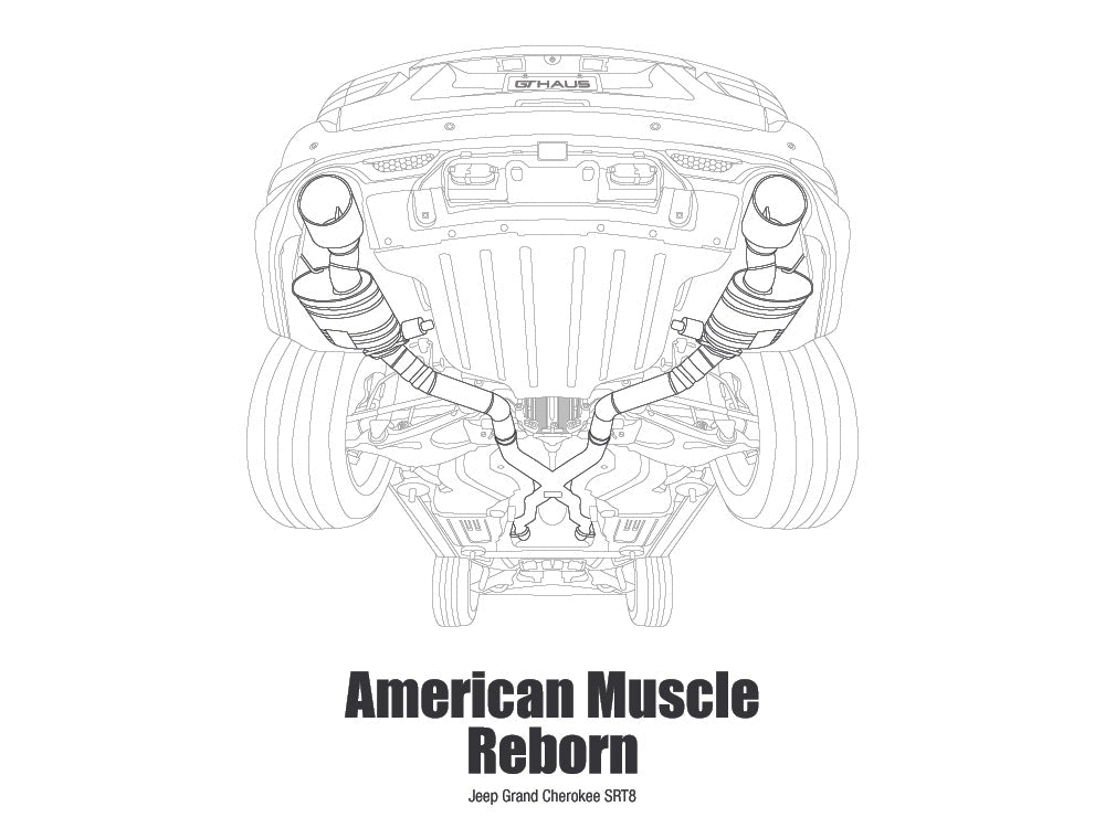 Illustration of a Jeep Grand Cherokee SRT8 exhaust system with the text "American Muscle Reborn" below.