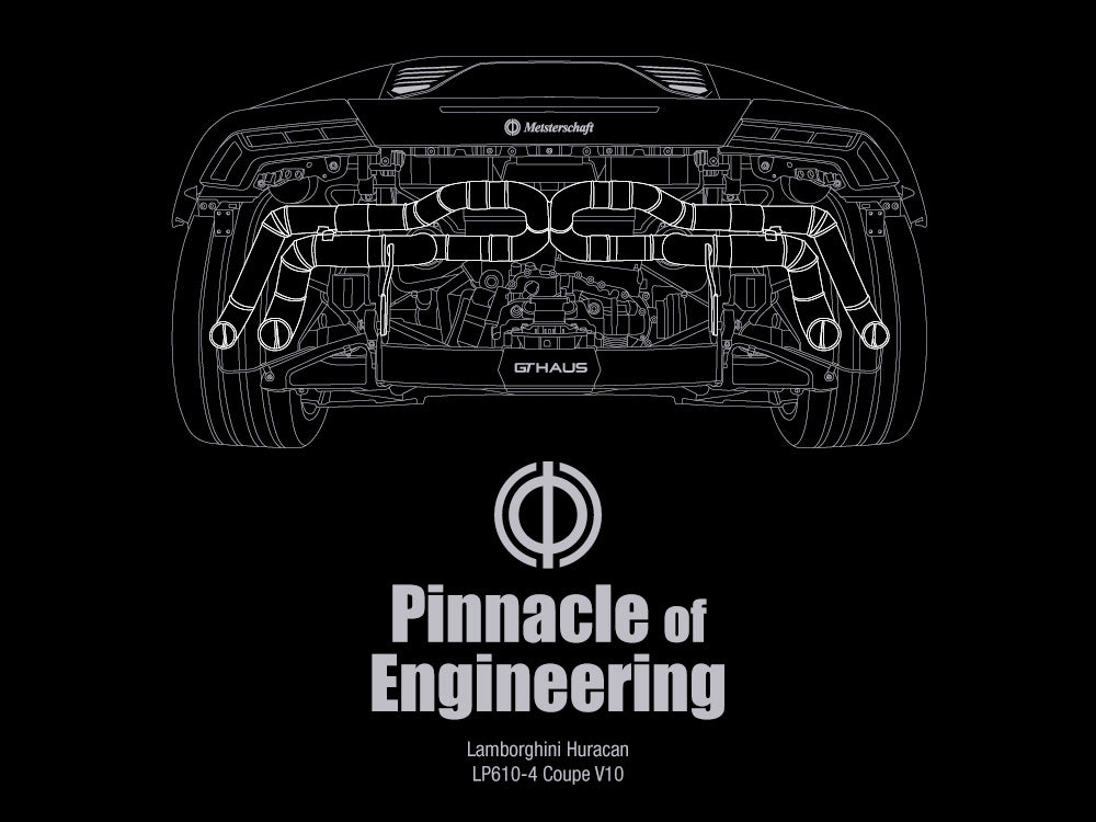 MEISTERSCHAFT T-shirt featuring a detailed illustration of the Lamborghini Huracan's rear exhaust system with "Pinnacle of Engineering" text.