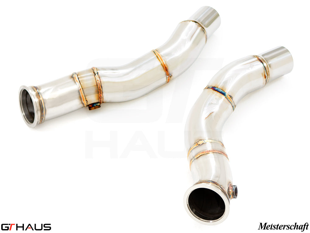 Alfa Romeo Giulia 2016-2022 down pipes with OBD2 and 400 CEL sport cats, featuring polished stainless steel construction.