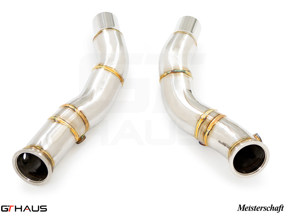 Alfa Romeo Giulia 2016-2022 down pipes with OBD2 and 400 CEL sport cats, featuring polished stainless steel construction.