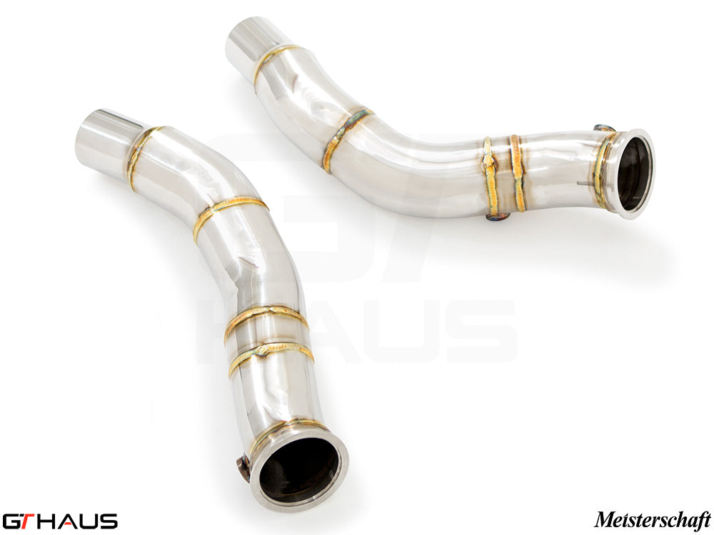 Alfa Romeo Giulia 2016-2022 down pipes with OBD2 and 400 CEL sport cats, featuring polished stainless steel construction.