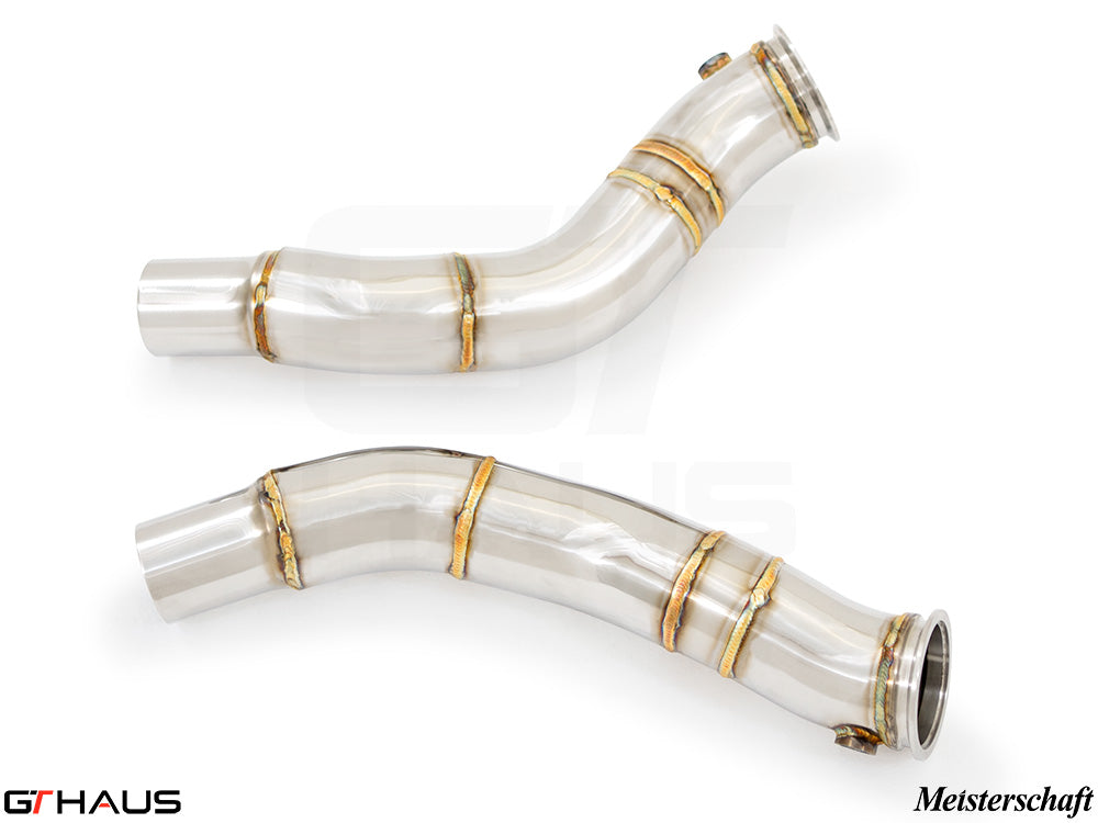 Alfa Romeo Giulia 2016-2022 down pipes with OBD2 and 400 CEL sport cats, featuring polished stainless steel and precision welds.