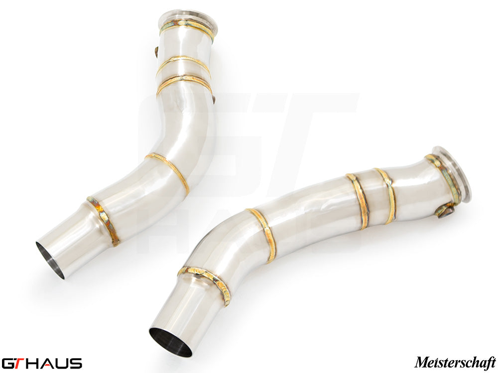 Alfa Romeo Giulia 2016-2022 down pipes with OBD2 and 400 CEL sport cats, featuring stainless steel construction and welds.