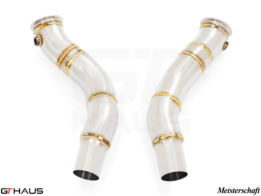 Alfa Romeo Giulia 2016-2022 down pipes featuring OBD2 and 400 CEL sport cats, crafted from high-quality stainless steel.