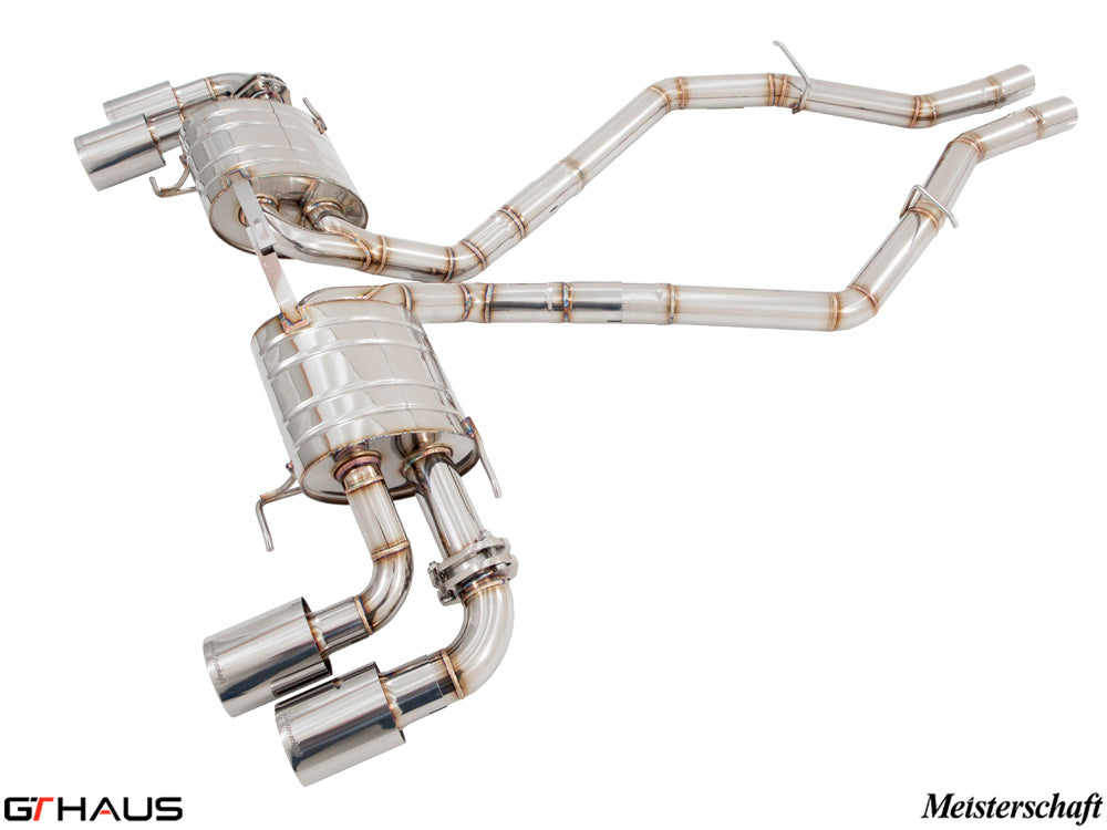 Premium stainless steel exhaust system for Alfa Romeo Giulia Quadrifoglio, featuring dual tips and optimized flow design.