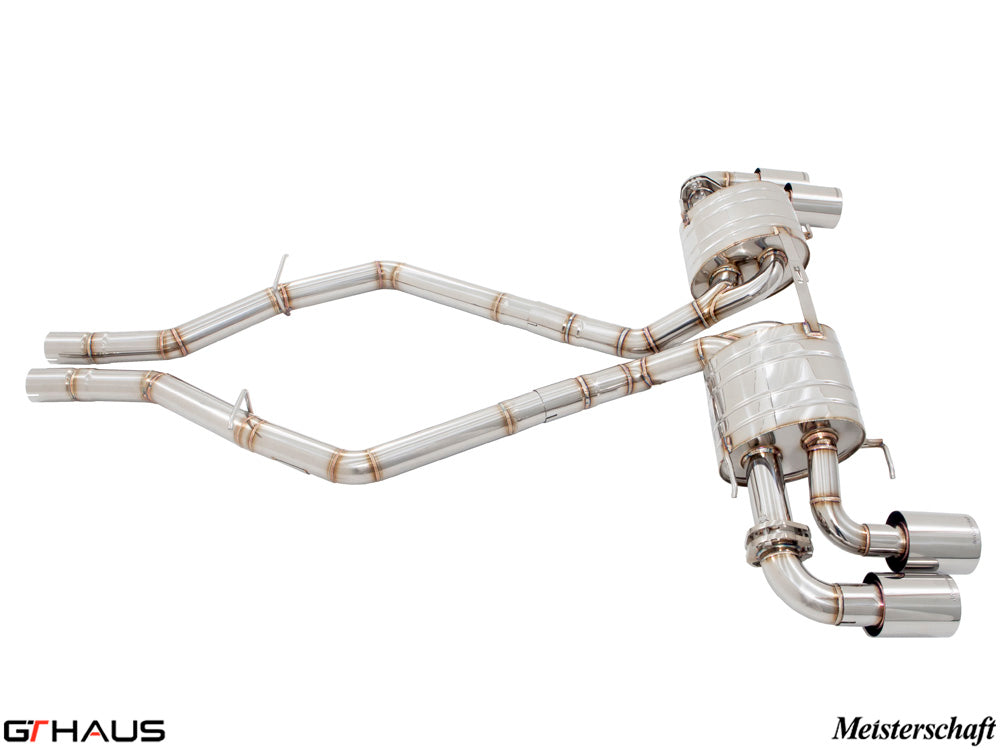 Premium exhaust system for Alfa Romeo Giulia Quadrifoglio, featuring T304 stainless steel and Meisterschaft branding.