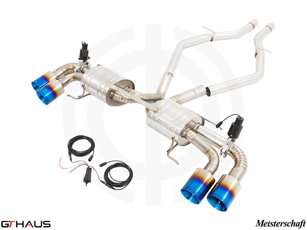Premium Meisterschaft exhaust system for Alfa Romeo Giulia Quadrifoglio, featuring T304 stainless steel and electronic valve control.