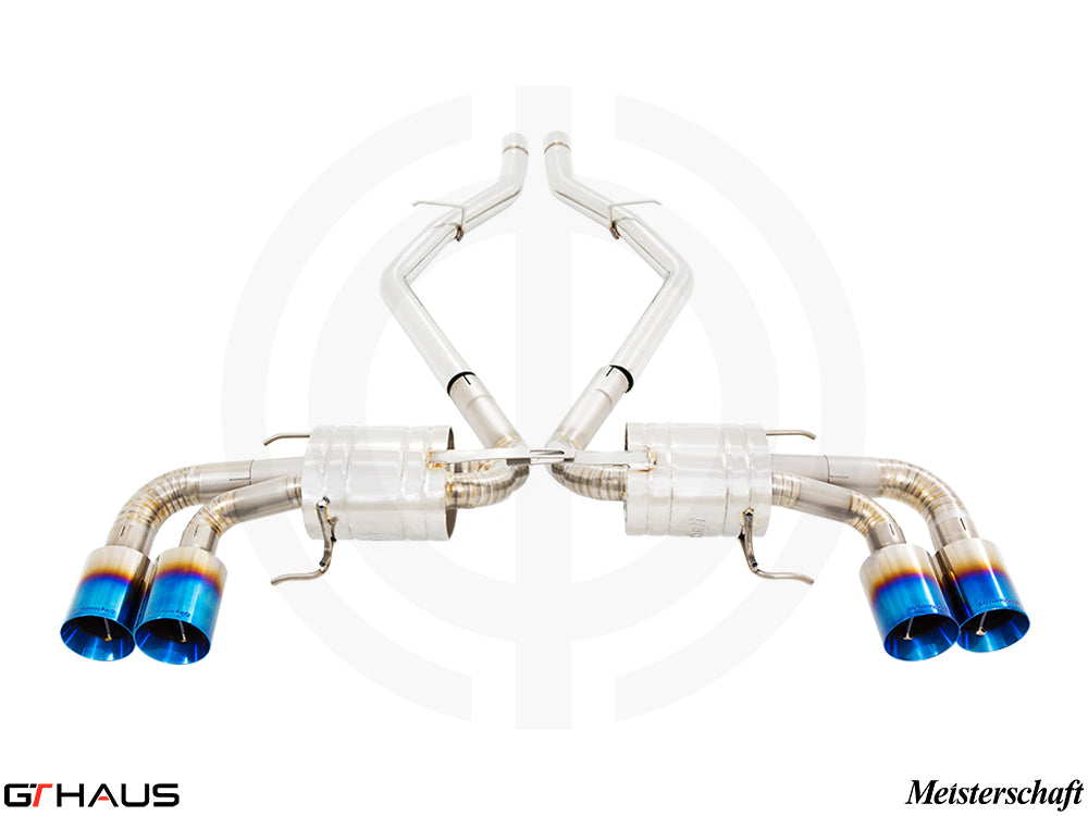 Premium exhaust system for Alfa Romeo Giulia Quadrifoglio featuring stainless steel construction and quad tips.