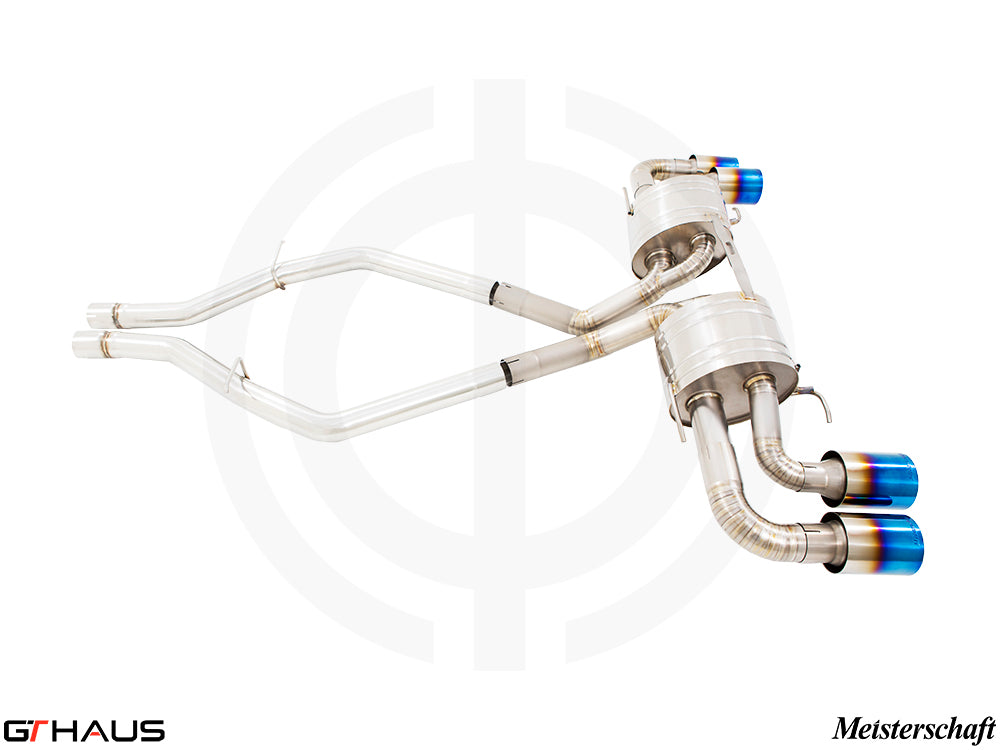 Premium exhaust system for Alfa Romeo Giulia Quadrifoglio, featuring dual tips and high-performance design.