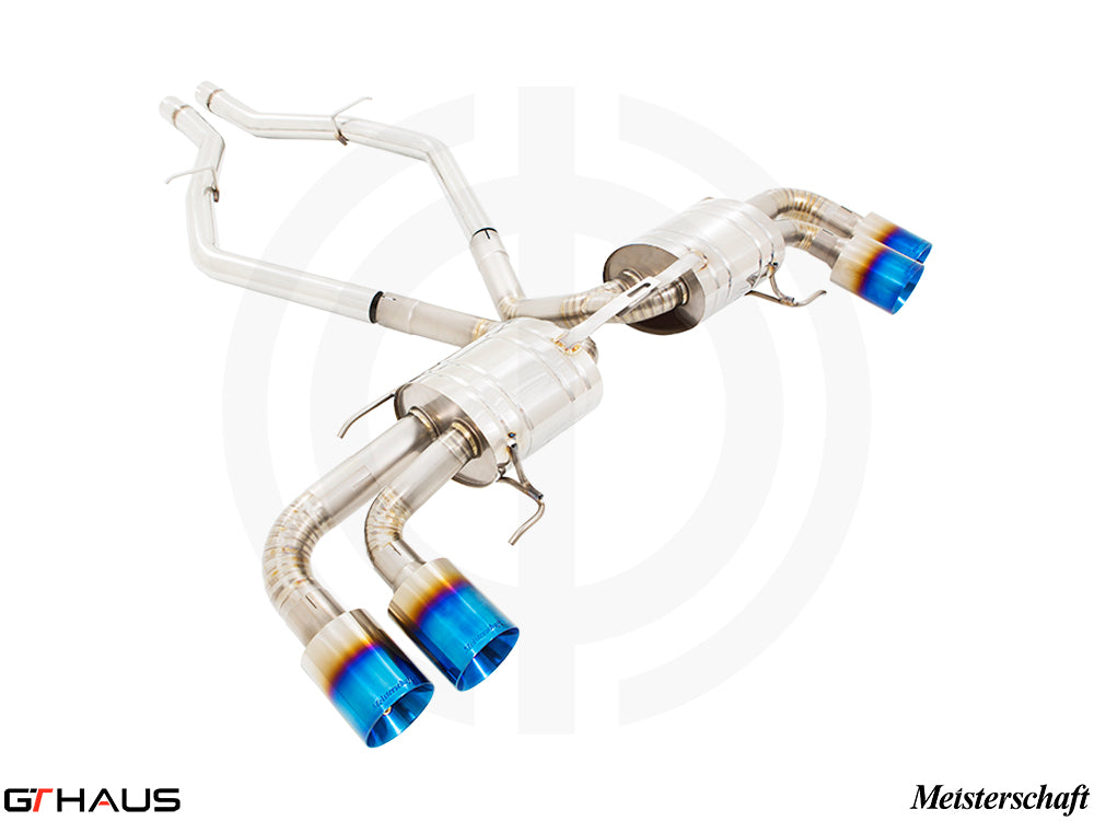 Premium exhaust system for Alfa Romeo Giulia Quadrifoglio featuring T304 stainless steel and blue-tipped exhaust tips.