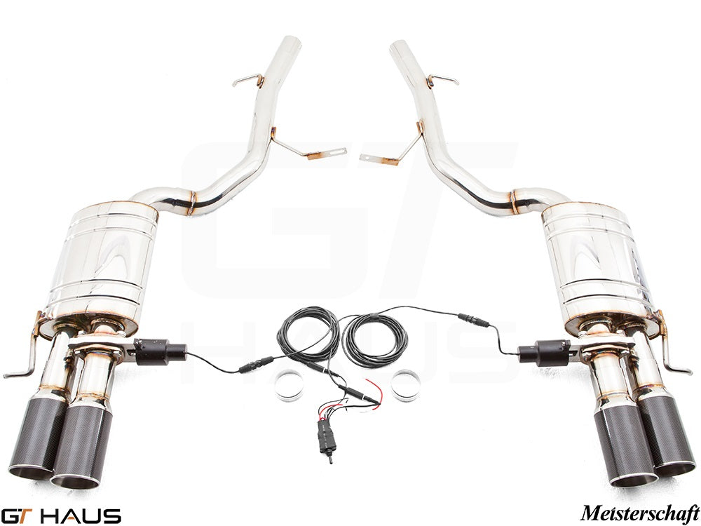 Premium exhaust system for Audi A8/S8 4-door sedan, featuring dual tips and electronic valve control for enhanced performance.