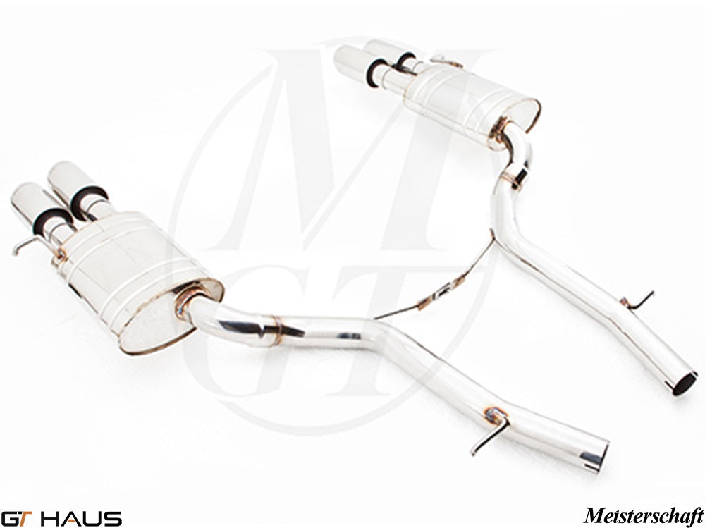 Meisterschaft exhaust system for Audi A8/S8 D3, featuring polished stainless steel construction and dual tips.