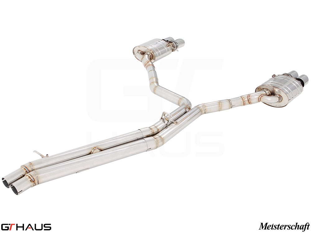 Premium performance exhaust system for Audi A8/S8 D4 Quattro, featuring stainless steel construction and dual tips.
