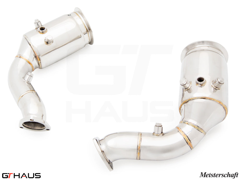 Premium down pipes for Audi Q8 SUV Coupe 2020+, featuring 400 CEL sport cats for SQ8 and RSQ8 models.