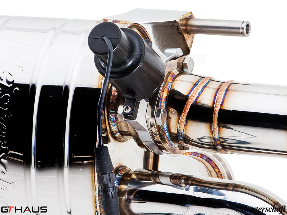 Close-up of a polished exhaust valve actuator for Audi R8 V10, showcasing high-quality stainless steel construction.