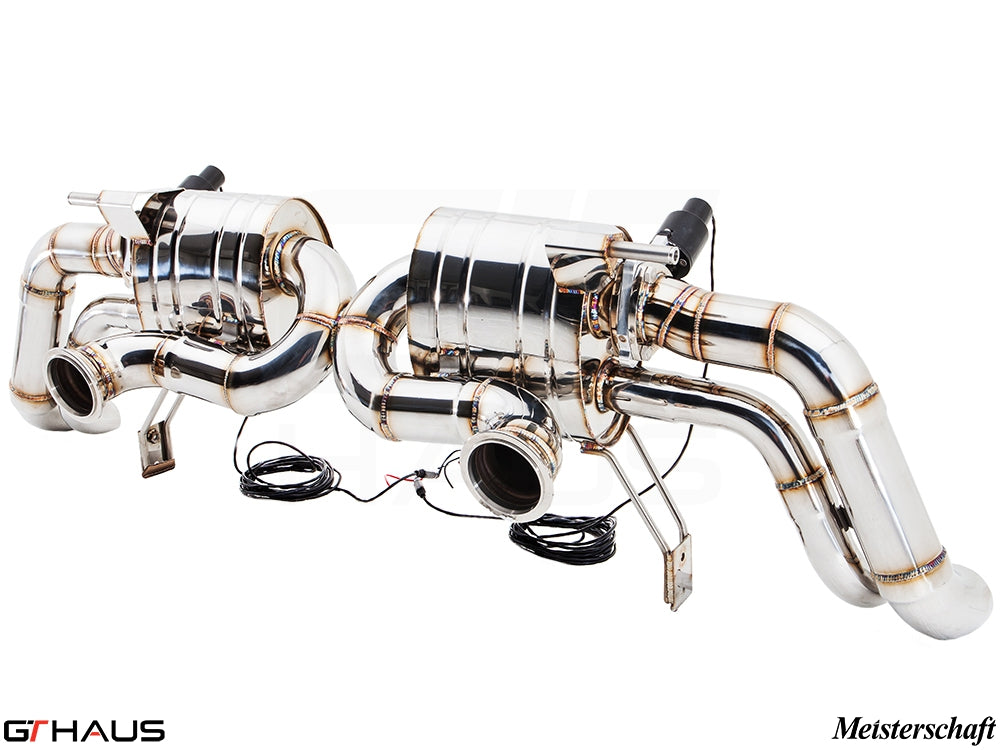 Premium exhaust system for Audi R8 V10 (2010-2012) featuring polished stainless steel and electronic valve control.