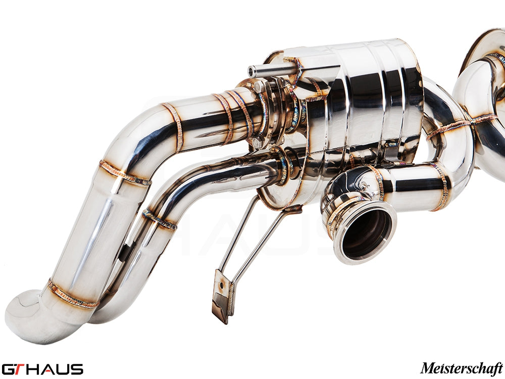 High-performance exhaust system for Audi R8 V10, featuring polished stainless steel construction and precision welding.