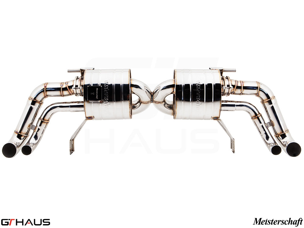 Premium exhaust system for Audi R8 V10 (2010-2012) featuring polished stainless steel construction and dual tips.