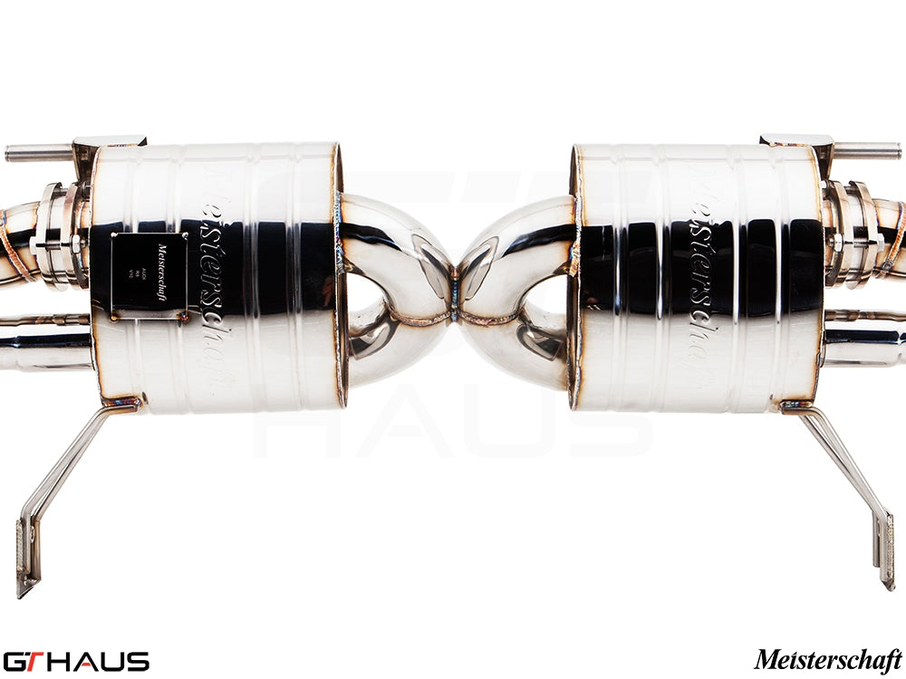 Premium exhaust system for Audi R8 Coupe/Roadster V10, featuring polished stainless steel construction and Meisterschaft branding.