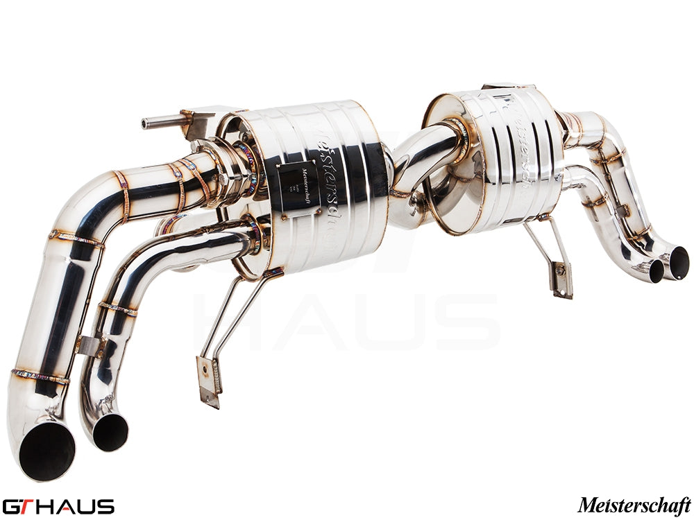 Premium stainless steel exhaust system for Audi R8 V10 (2010-2012) featuring Meisterschaft brand craftsmanship.