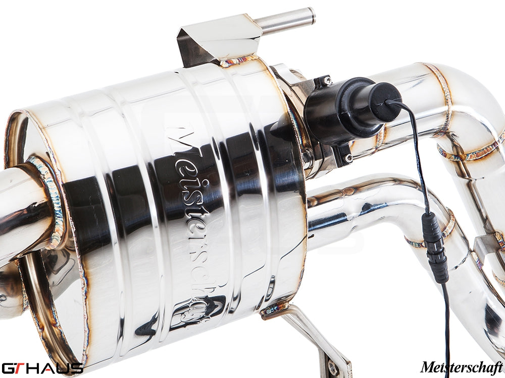 Premium Meisterschaft exhaust system for Audi R8 V10 models, showcasing polished stainless steel construction and electronic valve control.