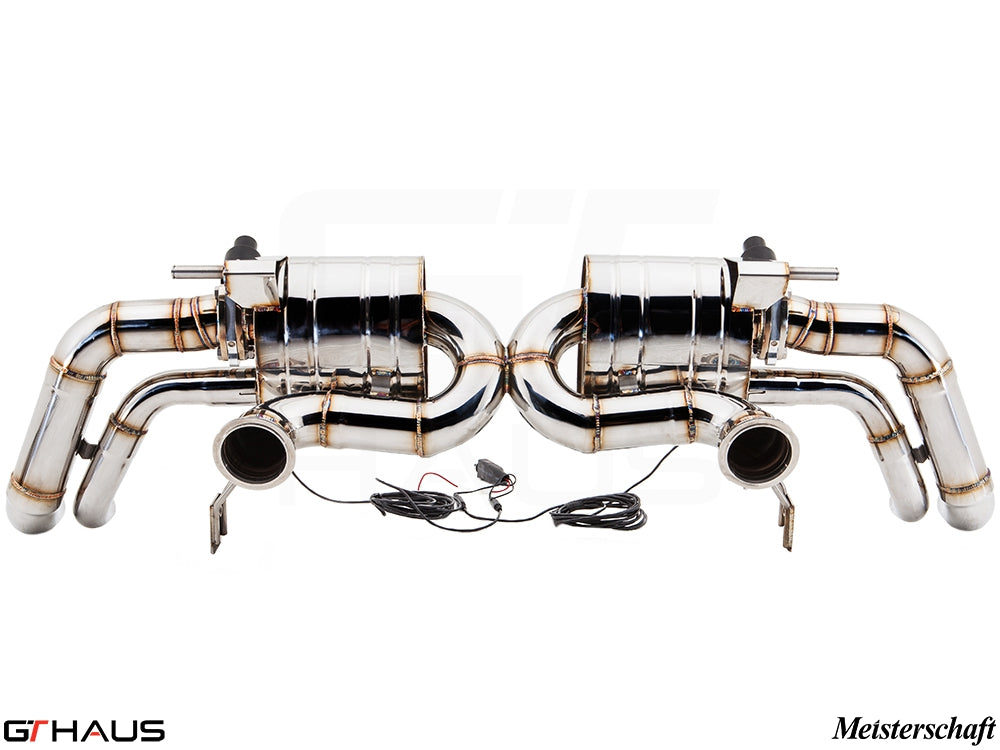 Premium exhaust system for Audi R8 Coupe/Roadster V10 models, featuring polished stainless steel construction and electronic valve control.