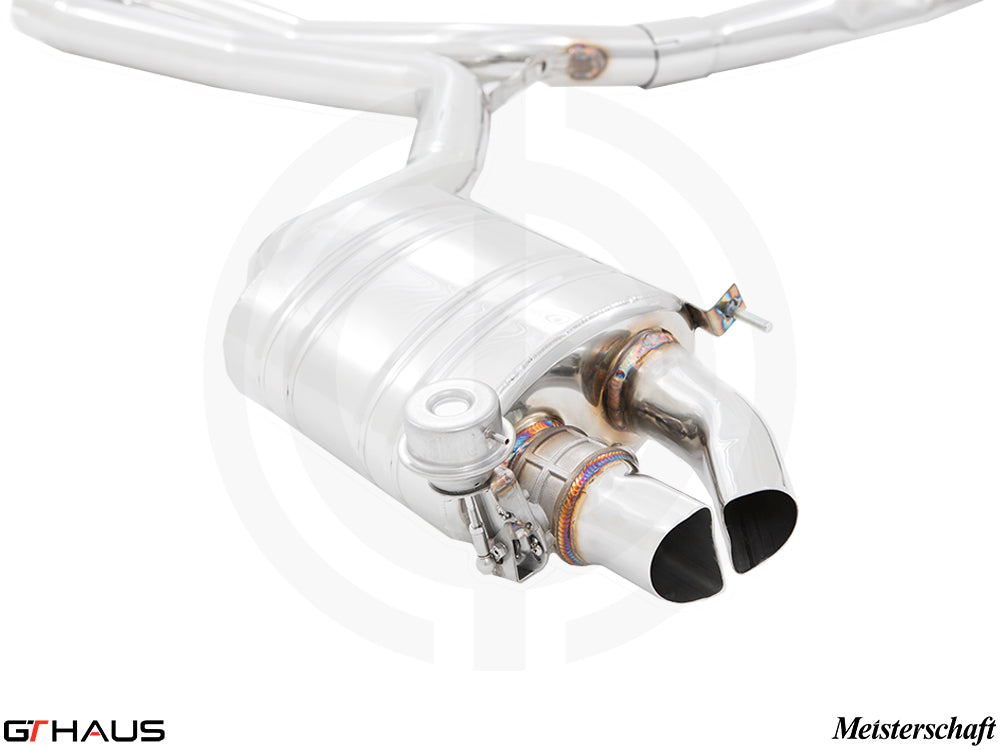 Premium Meisterschaft exhaust system for Audi RS5 Coupe V8 (2013-2017) featuring polished stainless steel and electronic valve control.