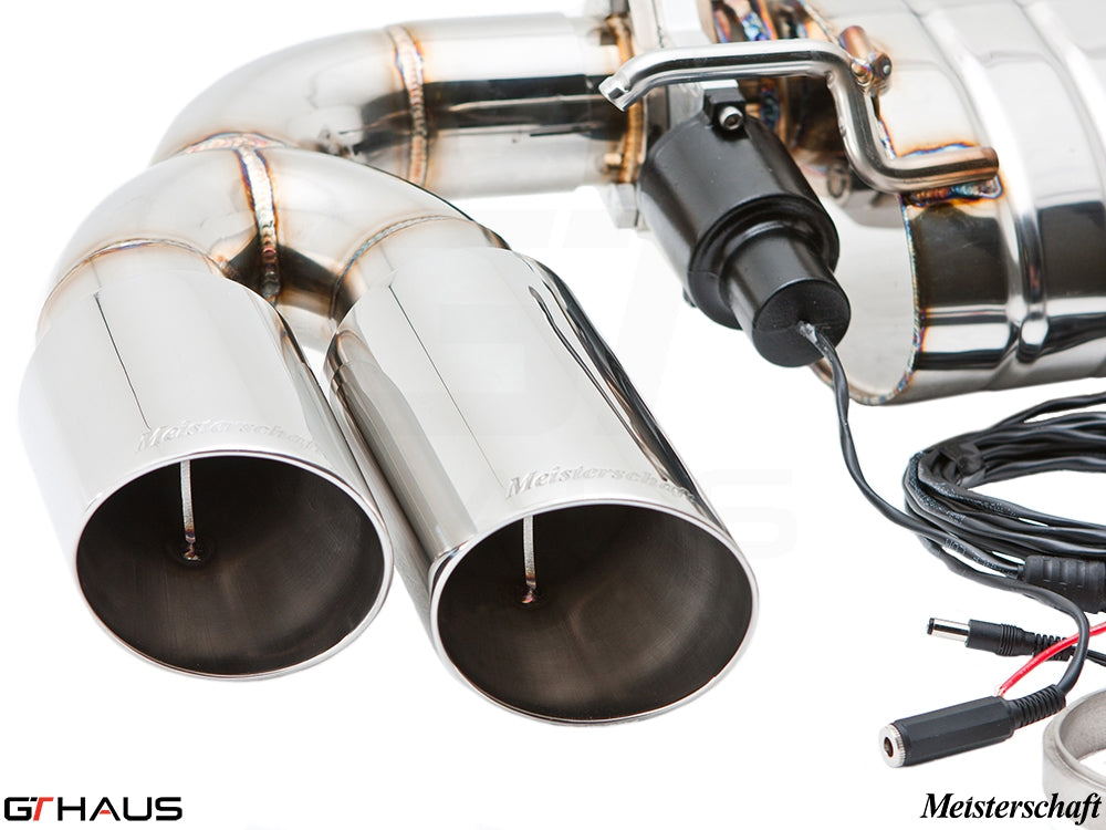 Premium Meisterschaft exhaust system for Audi TT MK II 2.0T, featuring dual polished tips and electronic valve control.