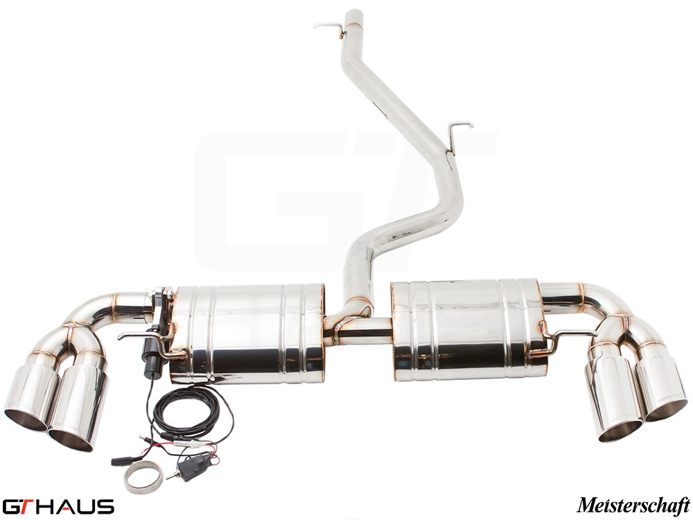 Premium exhaust system for Audi TT MK II 2.0T, featuring polished stainless steel, dual tips, and electronic valve control.