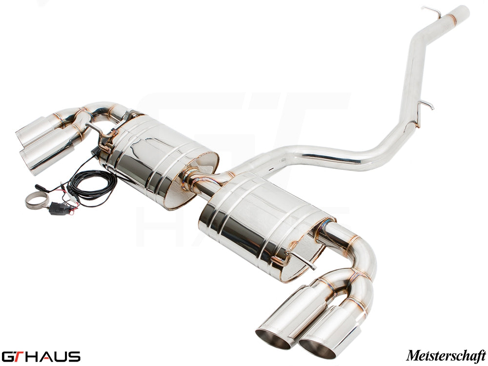 Premium exhaust system for Audi TT MK II 2.0T featuring polished stainless steel, dual tips, and electronic valve control.