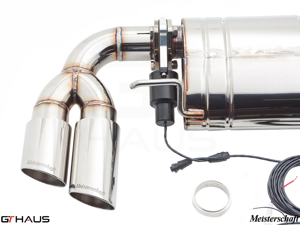 Premium Meisterschaft exhaust system for Audi TT MK II 2.0T, featuring dual tips and electronic valve control.