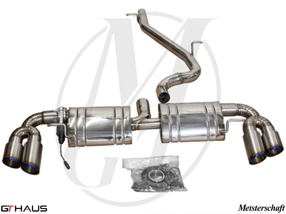 Premium performance exhaust system for Audi TT MK II 2.0T, featuring stainless steel construction and dual tips.