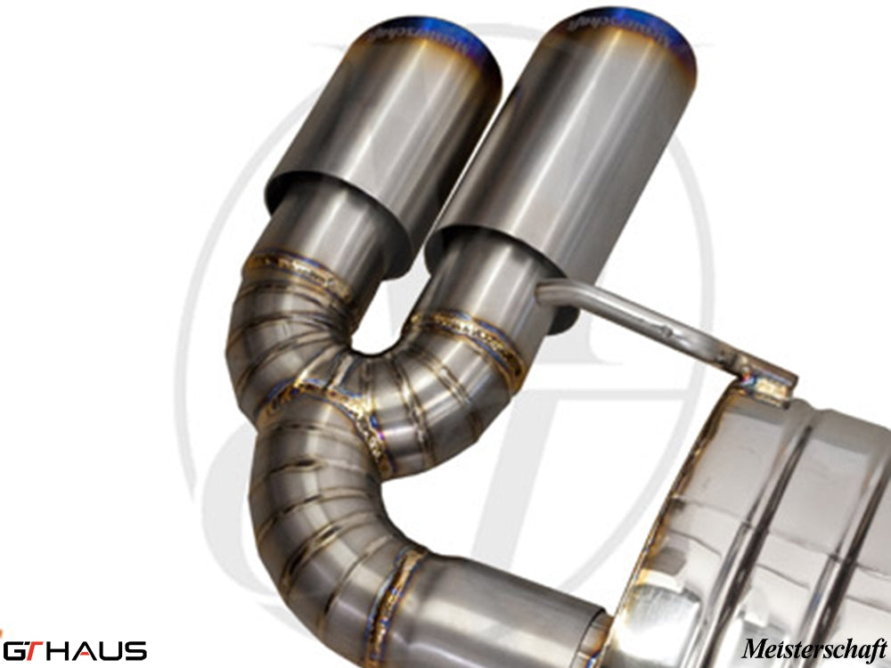 Premium Meisterschaft exhaust system for Audi TT MK II 2.0T featuring dual polished stainless steel tips.