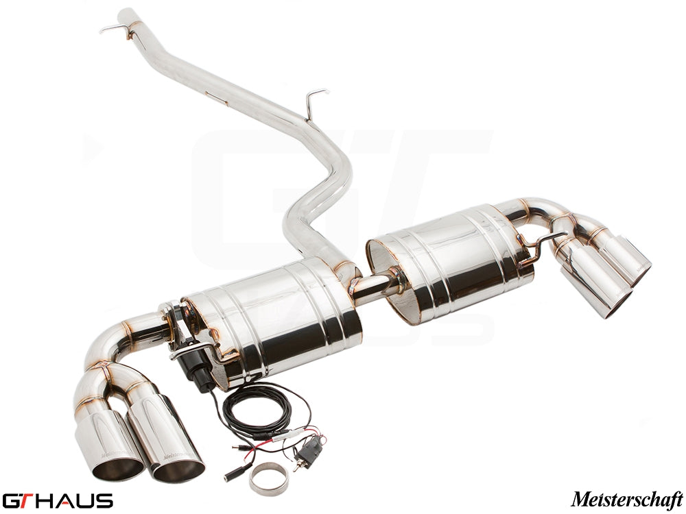 Premium performance exhaust system for Audi TT MK II 3.2L Quattro V6, featuring polished stainless steel and electronic valve control.
