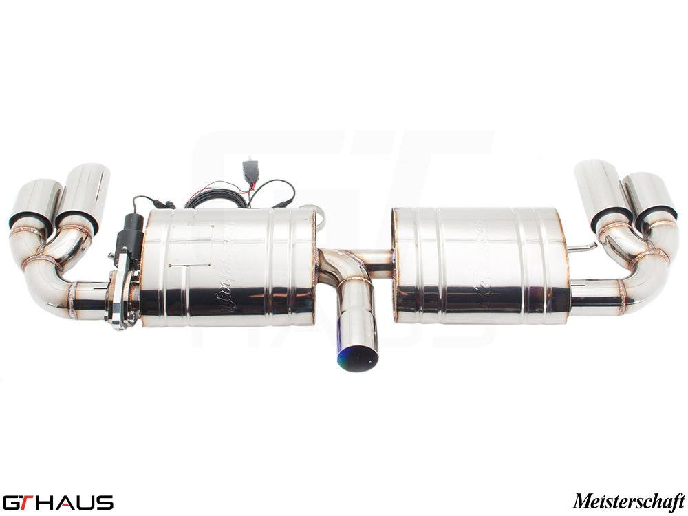 Premium exhaust system for Audi TT MK II 3.2L Quattro V6, featuring polished stainless steel and electronic valve control.