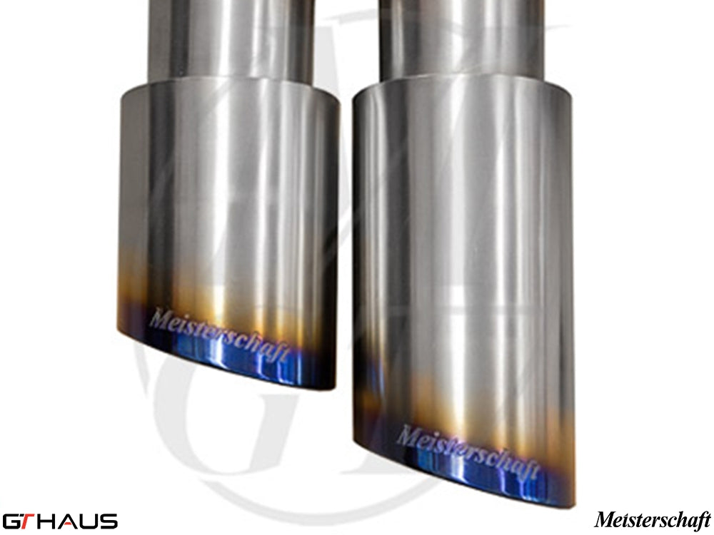 Premium Meisterschaft exhaust tips for Audi TT MK II 3.2L Quattro V6, showcasing a polished finish with blue accents.