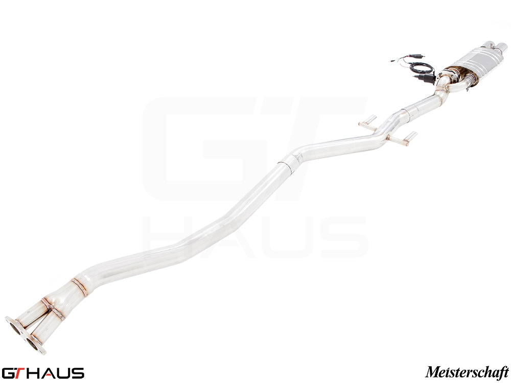 Premium stainless steel exhaust system for BMW E30 M3 2.3L I-4, featuring Meisterschaft design and electronic valve control.