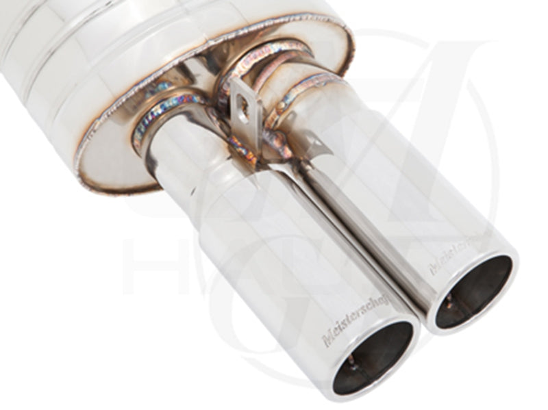 Premium exhaust system for BMW E30 M3 2.3L I-4, featuring polished dual tips and high-quality stainless steel construction.