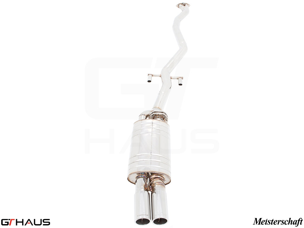 Premium exhaust system for BMW E30 M3 2.3L I-4, featuring stainless steel construction and dual tips for enhanced performance.