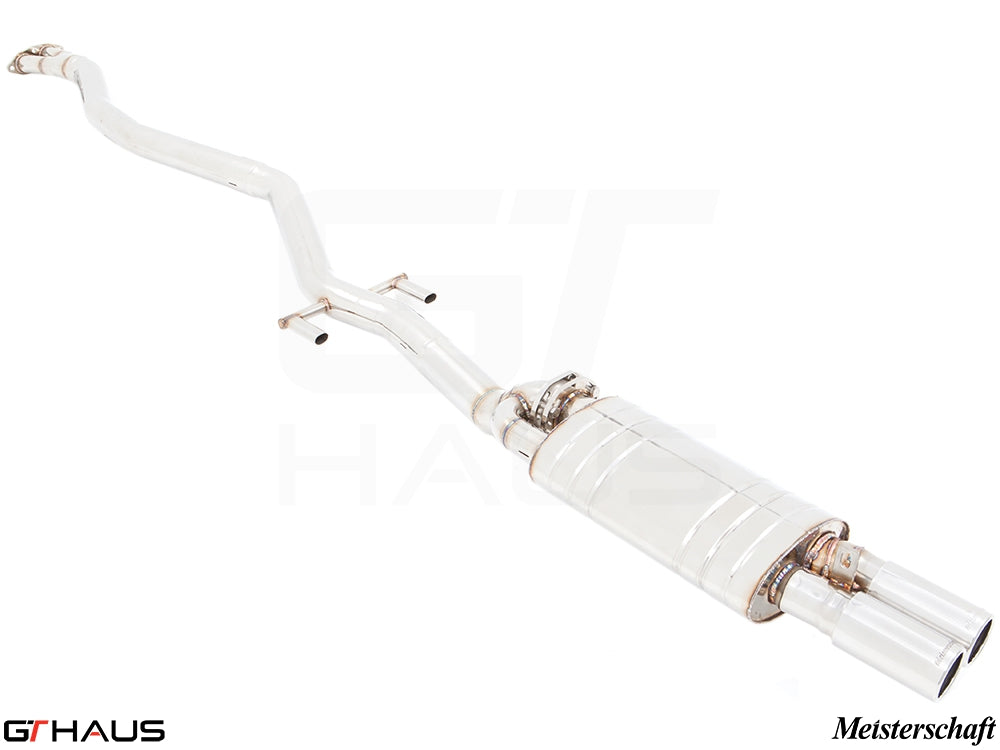 Premium exhaust system for BMW E30 M3 2.3L I-4, featuring stainless steel construction and dual tips.