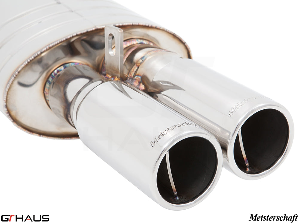 Premium Meisterschaft exhaust system for BMW E30 M3, featuring dual polished tips and high-quality stainless steel construction.